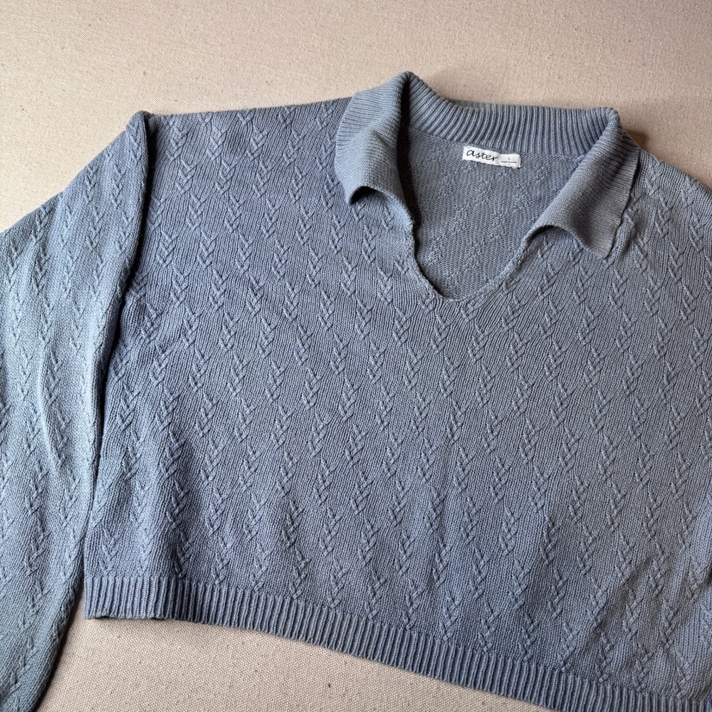 Aster Women 100% Cotton Pointelle Knit Slouchy Cropped Sweater Long Sleeve Large